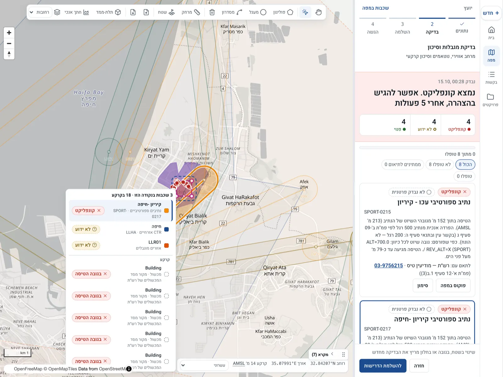 תוצאת בדיקה במערכת: נמצא קונפליקט, עם ספירה של קונפליקט, לא ידוע ופנוי, וסגירה מתוכננת ליד קריית ים על המפה